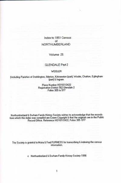 Glendale Part II (Wooler). Index to 1851 Census of Northumberland. Volume 25