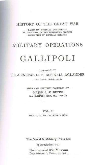 GALLIPOLI Vol 2. OFFICIAL HISTORY OF THE GREAT WAR OTHER THEATRES