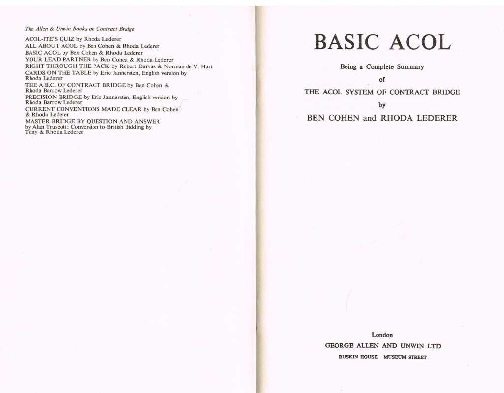 Basic Acol Being A Complete Summary Of The Acol System Of Contract Bridge