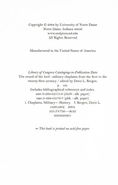 The Sword of the Lord: Military Chaplains from the First to the Twenty-First Century (Critical Problems in History)