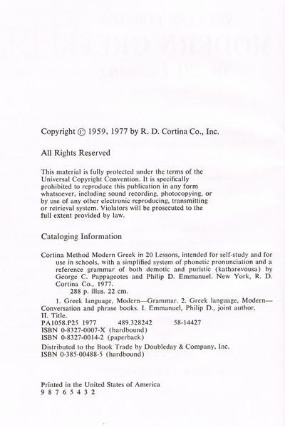 Cortina's Modern Greek in 20 Lessons: Intended for Self-Study and for Use in Schools