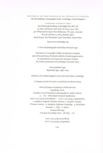 Samplers (Fitzwilliam Museum Handbooks)
