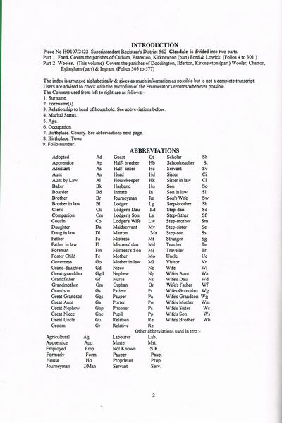 Glendale Part II (Wooler). Index to 1851 Census of Northumberland. Volume 25