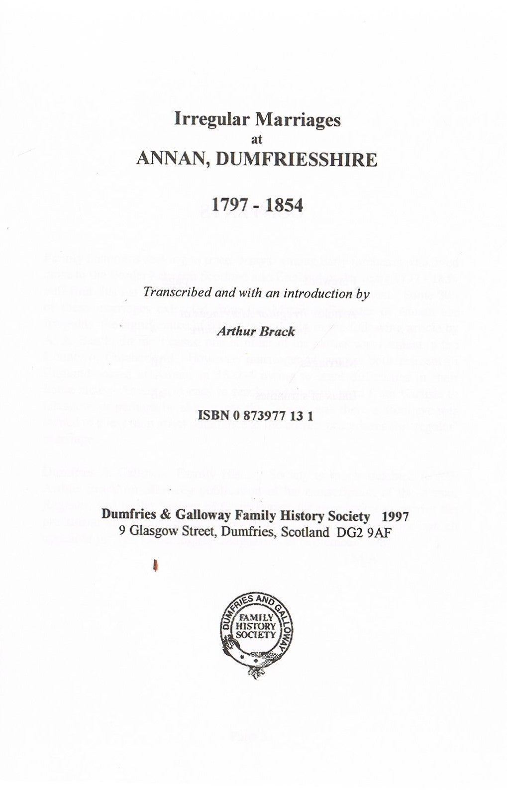 Irregular Marriages: Annan, Dumfriesshire 1797-1854